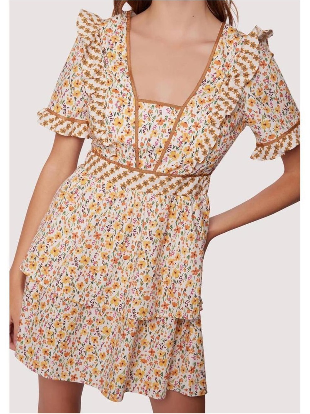 Lost + Wander Yellow Floral Ruffle Mini Dress